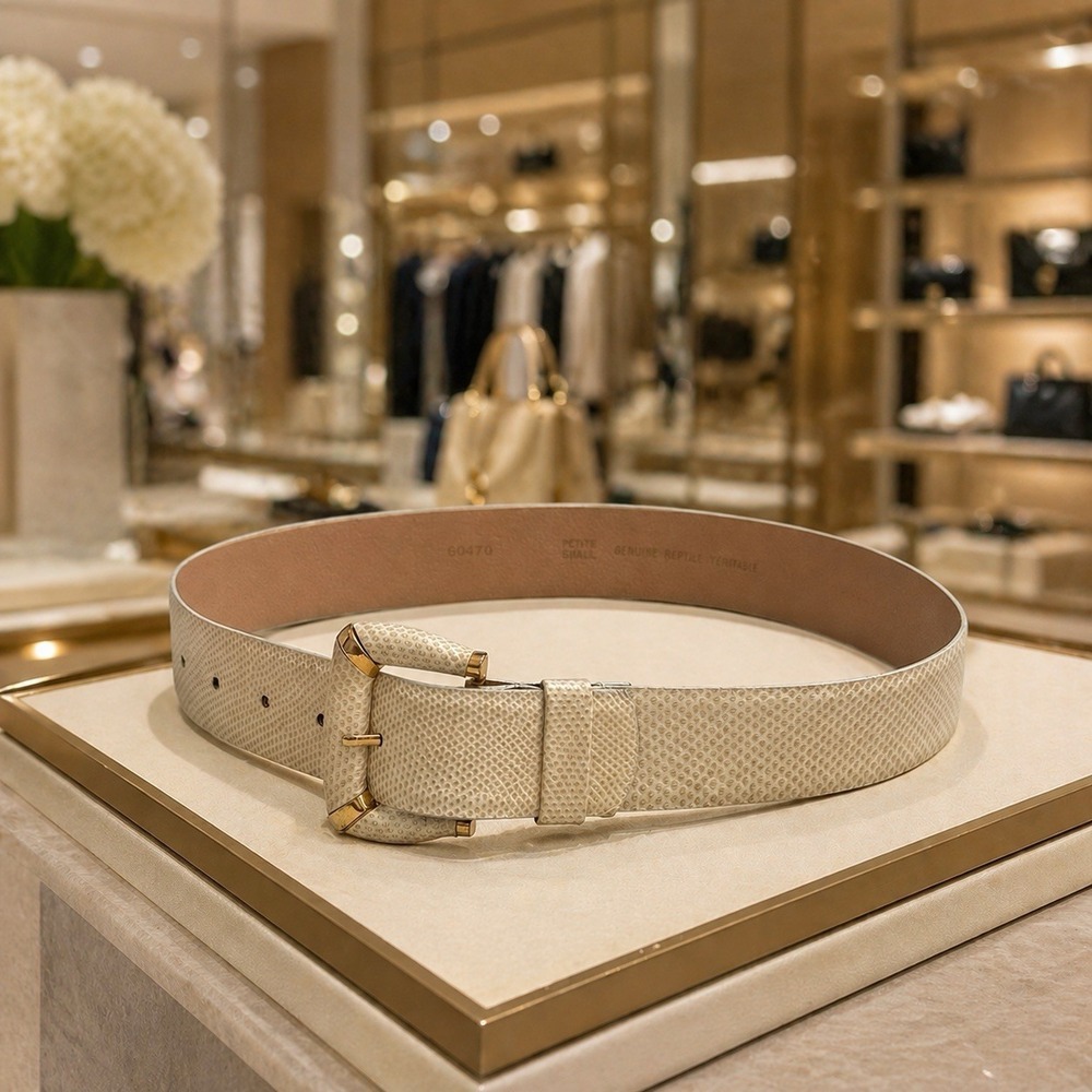 EMMANUEL 100% Genuine Reptile Leather Ladies Ivory Belt Gold Tone Buckle SP